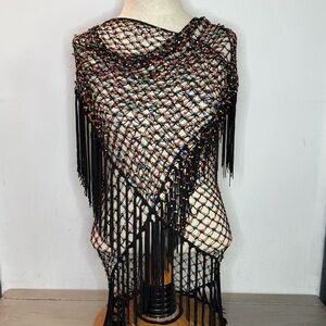 Vintage Chico’s Y2K Beaded‎ Black Mesh Fringe Shawl Boho Festival Net Wrap OS